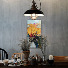 Load image into Gallery viewer, Blondie is a painting of a gorgeous bovine with long blonde hair, shown against a grey wall.
