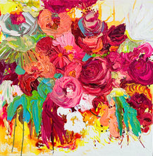 Load image into Gallery viewer, Bloomin is an original painting of a mass of different coloured flowers by artist Kerry Bruce, Acrylic on canvas, 76cm x 76cm.
