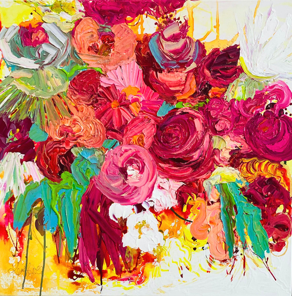 Bloomin is an original painting of a mass of different coloured flowers by artist Kerry Bruce, Acrylic on canvas, 76cm x 76cm.