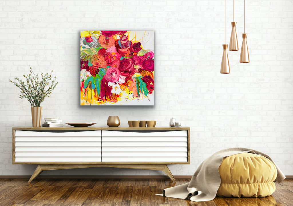 Bloomin is an original painting by artist Kerry Bruce, Acrylic on canvas, 76cm x 76cm, shown here in situ in a living room,.