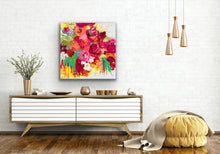 Load image into Gallery viewer, Bloomin is an original painting by artist Kerry Bruce, Acrylic on canvas, 76cm x 76cm, shown here in situ in a living room,.
