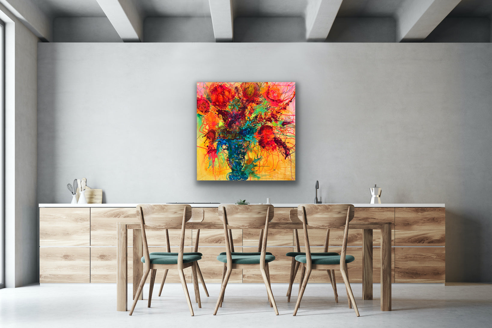 Original painting of a blue vase filled with coral blooms on a yellow background. Acrylic on canvas, framed in an oak box frame., shown in situ in a dining room