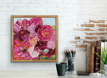 Load image into Gallery viewer, Original painting of a gorgeous bunch of florals in all shades of pink, entwined with gold thread on a pale blue background, in a Tasmanian Oak frame.
